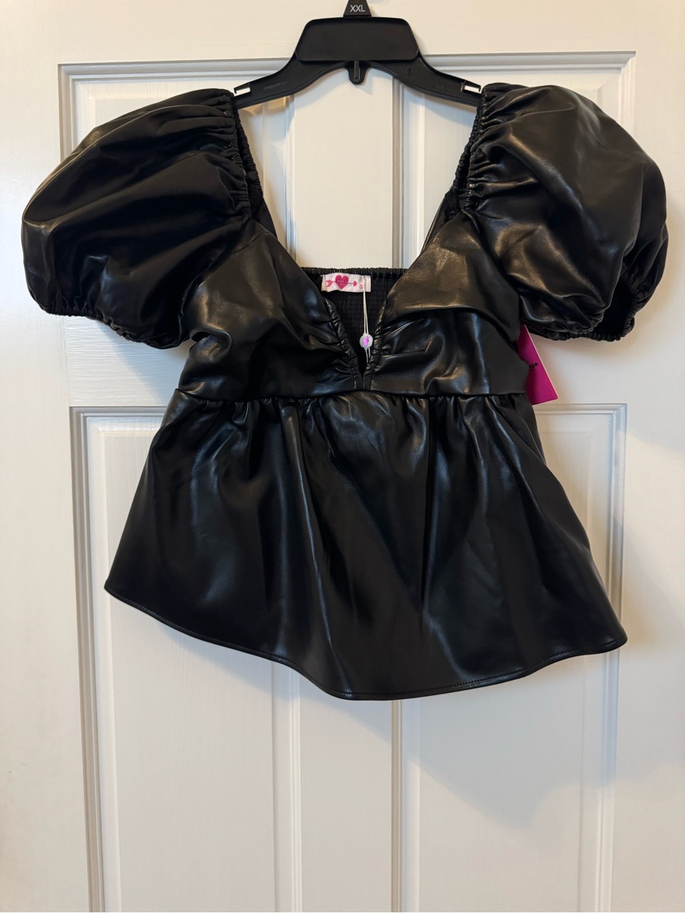 Buddy Love Black Faux Leather Peplum Top with Puff Sleeves - Picture 4 of 8